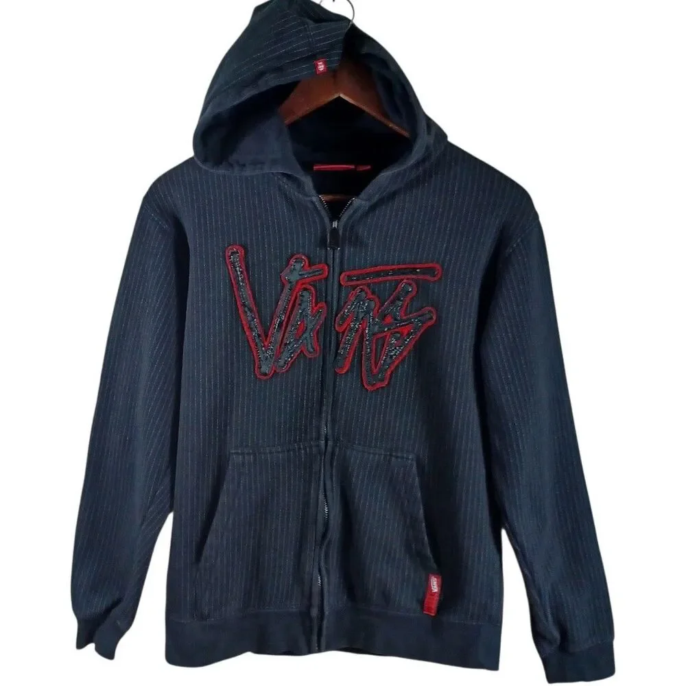 Vans Youth Boys L Zip Black Hoodie Pinstripe Logo Skater Streetwear Grunge Y2K